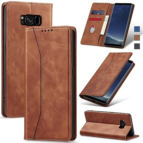 Jasonyu Wallet Case for Samsung Galaxy S8, Flip PU Leather, Brown | Card Holder, Kickstand, Magnetic Closure, Shockproof TPU, Folio Flip Phone Cover
