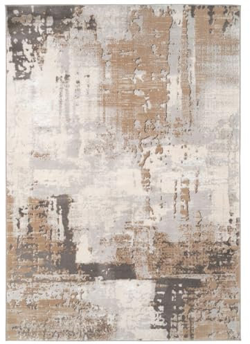 Luxury Greige Painterly Living Room Area Rug Neutral Textured Polyester Carpet Stain Resistant Grey Beige Paint Brush Lounge Hallway Rugs 120cm x 170cm