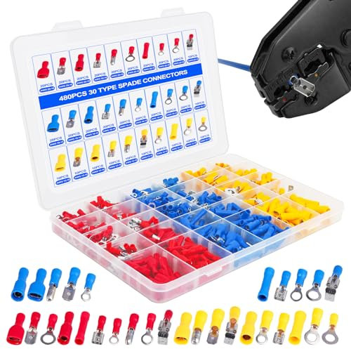 JOPHEK Kabelschuhe Set, 480 Stück Kabelschuhe Flachstecker, 30 Typen Kabel Steckverbinder für Elektriker, Kabelschuhe KFZ Quetschverbinder Set, Isolierte Elektrische Steckverbinder Klemme