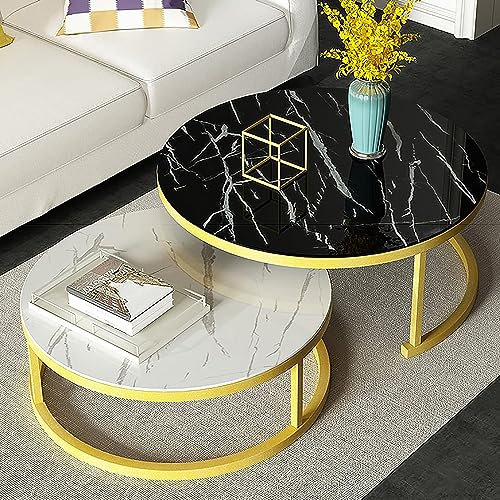 CATANK Table Basse Ronde Moderne, Table gigogne en Verre trempé et métal, Table d'appoint, Lot de 2, Table de canapé, Table Centrale de Salon (Couleur : Cadre doré, Taille : 81,3 cm + 61