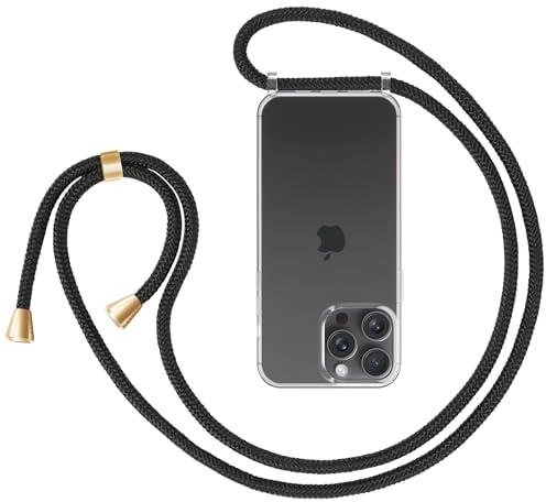ZhinkArts - Handykette kompatibel mit iPhone 15 Pro Max - Handyhülle zum Umhängen - Hülle mit Band/Schnur - Necklace - Silikon - Schwarz/Gold