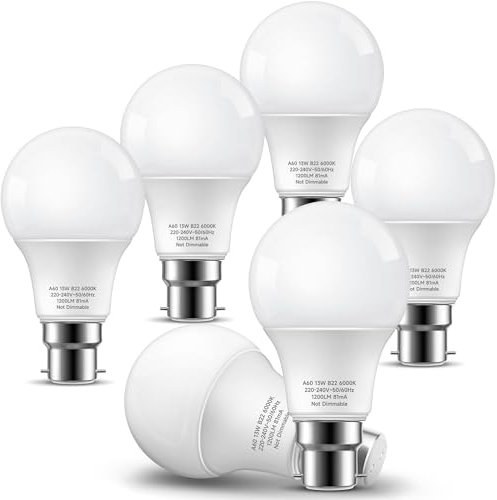 Bonnov Bayonet Light Bulbs 100W Equivalent, 13W B22 LED Bulb Bayonet, 1200LM B22 Bayonet LED Light Bulbs, Cool White 6000K, A60 Energy Saving Light bulbs, Non Dimmable, 6 Pack