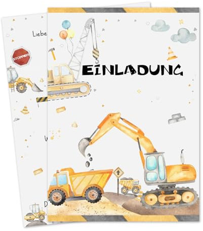 qingmeng 12 Stück Bagger Einladungskarten Kindergeburtstag Junge, Einladung Kindergeburtstag Junge, Bagger Deko Kindergeburtstag, Einladungen Kindergeburtstag für Oh Baby Party Deko