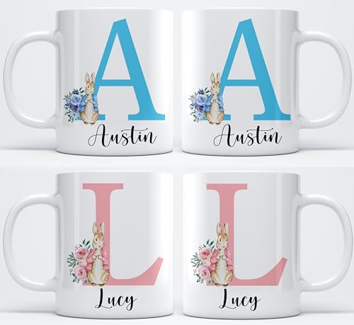 EKAM Personalised Easter Mug, Customised Initial Name Enamel Pink or Blue, Flopsy Rabbit Camping Enamel Coffee Cup (11oz), Kids Easter Cup, Easter Gift, Easter Decor, Gift for Children's Toddler