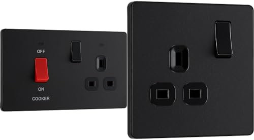 BG Electrical Evolve Cooker Control Socket, Double Pole Switch with LED Power Indicators, 13A, Matt Black & Electrical Evolve Single Switched Power Socket, 13A, Matt Black