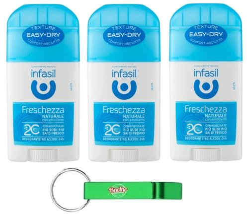 3 x Infasil Deostick Natürliche Frische mit Molekül 2C, sofortiges Gefühl von Frische, Deo 40 ml + Schlüsselanhänger Beni Culinari gratis