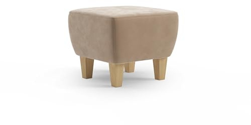 Cavadore Hocker Vida / Polsterhocker mit massiven Holzfüßen in Buche / 52 x 46 x 52 / Mikrofaser, Hellbraun-Beige