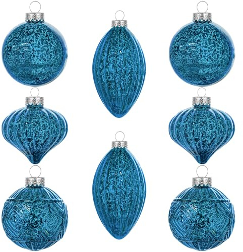 KI Store Mercury Glass Christmas Tree Ornaments Blue 80mm 120mm Set of 8 Hanging Christmas Baubles Finials for Tree Decoration Holiday Décor