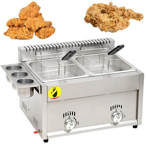 Freidora a Gas, freidora Grande de Doble Tanque con cestas y Tapas de Acero Inoxidable, freidora Comercial a Gas GLP 2 x 8 L para Pollo