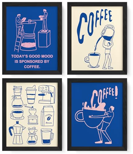 JXREQ Trendiges Kaffee-Poster, Kaffeebar-Wanddekoration, Kaffee-Dekorationen für Kaffeebar, Kaffee-Dekor für Küche, Kaffee-Wandkunstdrucke, 4er-Set, 20,3 x 25,4 cm, ungerahmt