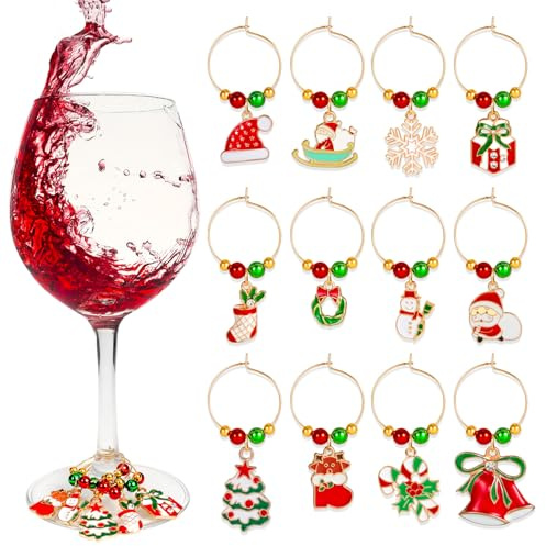 PHOGARY 12 STÜCK Weihnachtsweinglas Charms Weihnachtsfeier Dekoration, Weihnachtswein Charms Ringe Marker Weinglas Tags Getränkemarker für Weihnachtsfeier Bar Wein Cocktail Weihnachten Tischdekoration