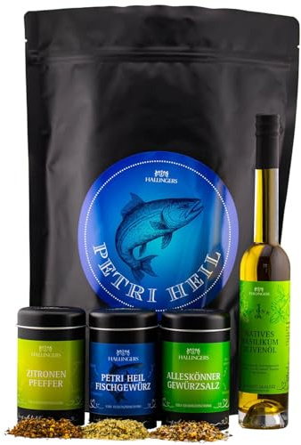 Hallingers Genuss Manufaktur Feinkost Geschenk-Set - XXL-Wundertüte Petri Heil großes Mitbringsel Zitronen-Pfeffer, Fischgeürz, Salz & Basilikum-Olivenöl, Geschenkidee für Fischer