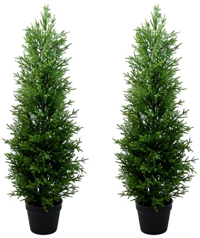 Set di 2 alberi di cedro artificiale da 0,9 m – Set di 2 cipressi finti in vaso, protezione UV, piante sempreverdi per la decorazione della casa/decorazione della porta d'ingresso/inaugurazione della