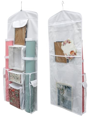 PandaHug Wrapping Paper Organizer for Bedroom Closet, Hanging Gift Wrap Organizer, Double-Sided Rear Door Gift Wrapping Paper Bag with Multiple Pockets for Door Cabinet Christmas(White)