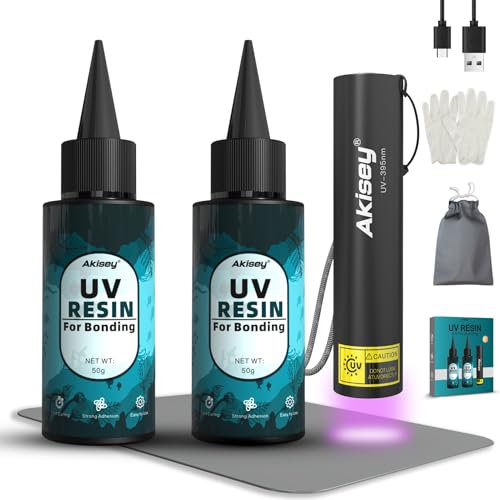 Akisey UV Resin Kit with Light, 100g UV Resin with Rechargeable 395NM UV Flashlight, Fast Curing in Seconds, UV Glue Adhesive for Bonding Jewelry, Plastic, Glass Repair, w/Mat, Gloves, Storage Bag