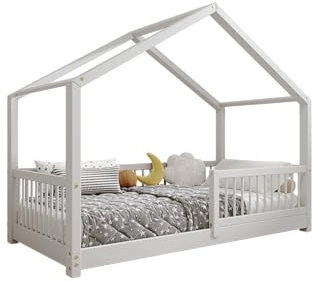 TIMBEE MURLO - Kinderbett Holz - Hausförmig mit Sprossen - Solide Konstruktion aus Naturholz - Langlebig und elegant - Grau - 100x200cm - 3cm Lange Beine