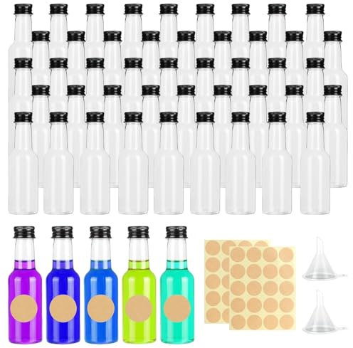 Liwein 50 Stück 50ml Kleine Flaschen zum Befüllen-Plastikflasche Shot Flaschen zum Befüllen mit Deckel und Trichter und Etikett für Liqueur Weihnachten Hochzeiten (Schwarz)