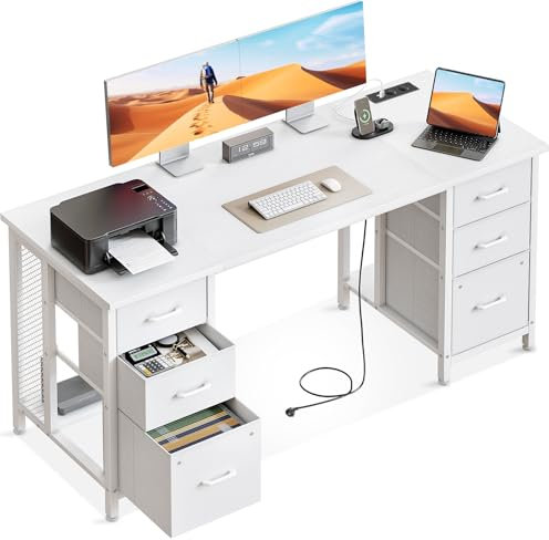 Coleshome Escritorio con 6 Cajones, 160x52 cm Mesa Escritorio 2 Enchufes y 2 Puertos de Carga USB, Escritorio Ordenador con Estantes para la Oficina en Casa, Blanco