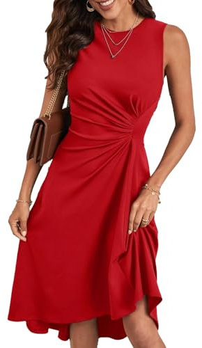 HUXRAKV Vestito Donna Elegante da Cerimonia Abito Solido Pieghe in Vita Abito Midi con Linea ad A Vestiti da Cocktail Estivi Senza Maniche,27-Rosso,XL