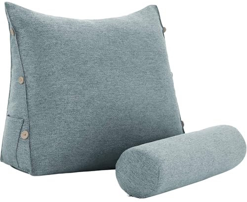 Strusery Coussin de Lecture Ergonomique - Oreiller de Soutien Lombaire avec Poches Latérales et Housse Détachable (Gris, Polyester)