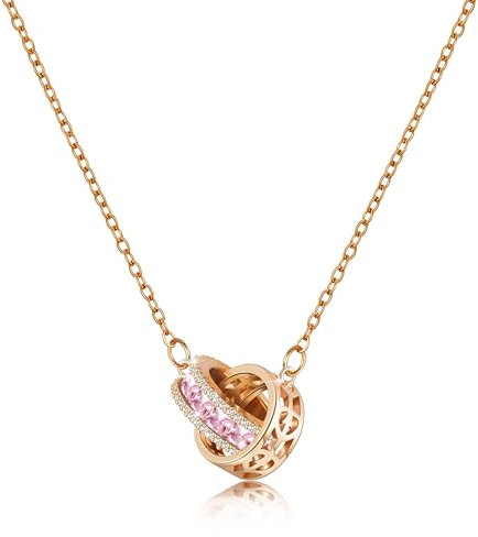 Linawe Pink Moissanite Imitation Diamond Rose Gold Pendant Necklaces for Women, Statement Crystal Birthstone Rhinestone Cubic Zirconia Interlocking Circle Necklace, Stainless Steel Chain