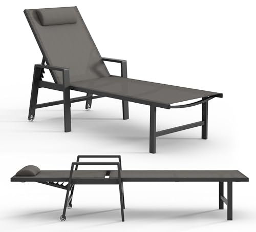 Melko Aluminium Sonnenliege wetterfest mit Rollen, 5-Fach verstellbare Rückenlehne, klappbare Gartenliege inkl. Kopfkissen (200 kg belastbar) Liegestuhl