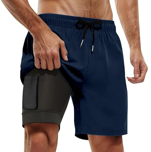 Short de Bain Homme 2 en 1, Maillot de Bain Homme Piscine Séchage Rapide avec Doublure de Compression Boxer de Bain Grande Taille Shorts de Plage Respirant Natation Surf, avec 2 Poches, S-5XL
