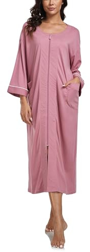 COLORFULLEAF 100% Cotton Zip Up Dressing Gowns Women Uk Ladies Robe Lightweight Knee Length Housecoats with Pockets