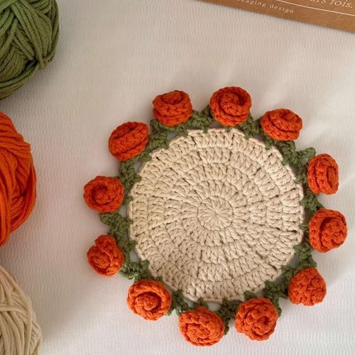 Yiokii Crochet Flower Blanket Coasters, DIY Handmade Vintage Crochet Rose Flower Bouquet-Material Pack, Soft Rose Flower Bouquet Knitted Decorative Coasters Gifts for Mother's Day Birthday Home Decor