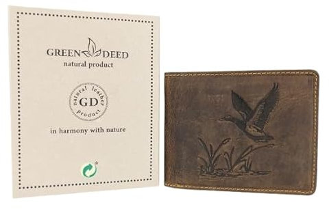 GREEN DEED - Geldbörse Herren - Portmonee aus Leder, Braun - Motiv Ente - 12 x 9 x 3 cm - mit Kreditkartenfächern, Mesh-Fach - RFID-Schutz - Geschenkidee - Geldbeutel für Jäger