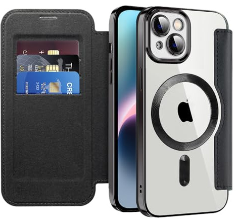 SIYOPINPFY Wallet Case for iPhone 14 with Card Holder, Black JD | [Compatible with MagSafe] [RFID Blocking] Premium Flip Leather Card Slots Holder , Magnetic Clear Back Shockproof Phone Case