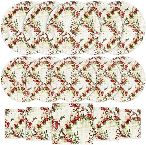 HNH Assiettes de Noël Baies de houx Lot de 48 Assiettes à dessert et Serviettes en papier Vaisselle de fête jetables