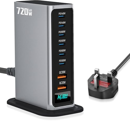 Puiseno 8 in 1 & 720W USB C Fast Charger GaN USB Charging Station Hub PD140W 100W/QC20W (6C+2A) MultiPort Laptop Charger Block Compatible with MacBook Pro/Air, i-Pad, iPh0ne, Galaxy S25 usw