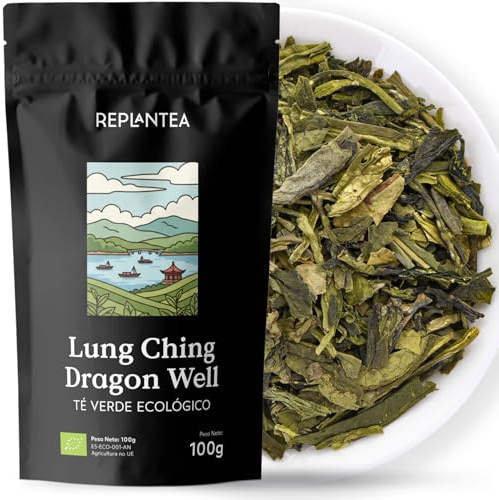 REPLANTEA Thé Vert Lung Ching Puits du Dragon Bio 100g | Authentique Thé Chinois Premium de Feuilles Plates | Saveur Douce et Grillée | Longjing en Vrac