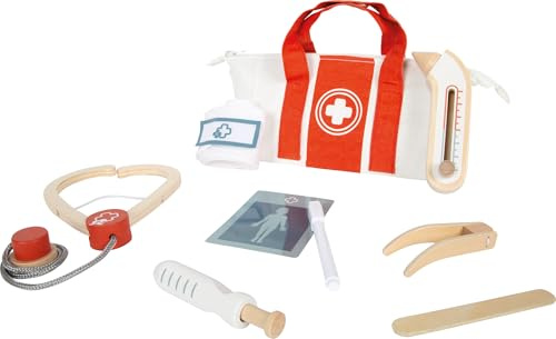 small foot Arzttasche Spielset Rot, 9-teiliges Spielset mit Stethoskop, Spritze, Thermometer, Stofftasche, für Kinder ab 3 Jahren, 12739