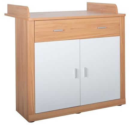 Wickelkommode Wickeltisch Picasso Buche 100x36,5x92cm | Wickelschrank mit Schublade, Unterschrank mit 2 Fächern und 2 Türen weiß, Babymöbel, Ablagefläche zum Wickeln 100x75cm