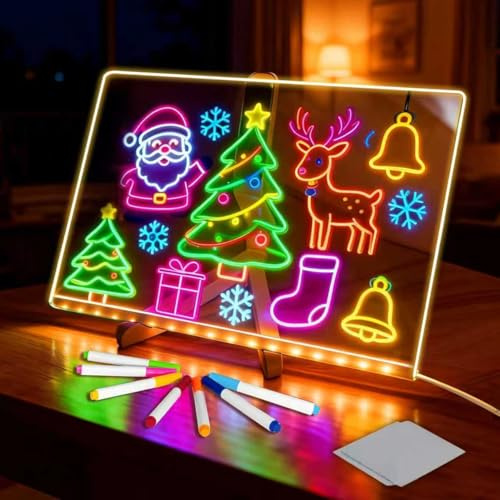 LED Notiztafel mit Farben, Nachrichtentafel Mit LED-Leuchten, Transparente Acryl Tafel Notiztafel Abwischbar Drawing light, Mit 7 Neonstiften, inklusive Adapter & Ständer, Kreative Geschenkidee, Zimme