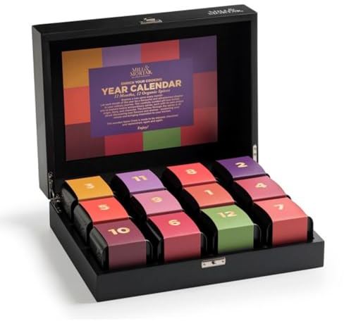 Mill & Mortar Premium Gewürz-Geschenkset mit 12 Bio-Gewürzen im Holz Spice Chest | Ausgewählte Kräuter & Gewürze für Alltag, Küche & Grill | Hochwertiges Geschenk für Frauen & Männer
