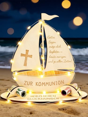 Leboria Geldgeschenk Kommunion Geschenke Deko mit LED, Kreatives Erstkommunion Geschenke Holz Boot mit Basis für Mädchen Jungen - Zur Kommunion