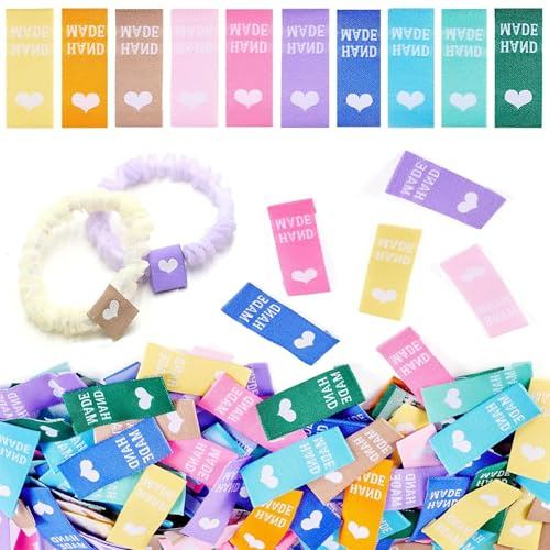60 Stück Handmade Label zum Annähen, 10 Farben Herz-Design Etiketten | Bunte Webetiketten zum Einnähen für Strickwaren, Mützen, Kleidung, DIY-Projekte und Geschenke