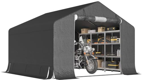 Outsunny Cobertizo portátil 10'x10' Impermeable Tienda Bici Gris Oscuro | Puerta enrollable cremallera, marco acero galvanizado reforzado, cobertizo exterior para bici, moto, herramientas