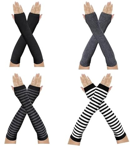 Vmoomax Lange fingerlose Handschuhe für Damen, 4 Paar, Armstulpen, gestreift, einfarbig, dehnbar, gestrickt, fingerlos, Handschuh, Armstulpen, lange Handschuhe für Damen, Schule, Büro, Outdoor