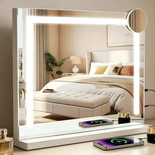 Mursche Hollywood Schminkspiegel mit Beleuchtung - 50x40cm Dimmbare LED Spiegel mit 3 Farblichtmodi, 5 Facher Vergrößerung Spiegel, USB Anschluss für Schlafzimmer