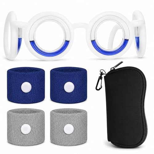 Soomuct 6PCS Brille Set, Brille Gegen Reisekrankheit, Motion Sickness Brilles, Enthält 4 Stück Armbänder Gegen Reisekrankheit (Grau + Königsblau), 1 Stück Schwarze Augenmaskenhülle (Blau).