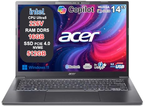 Acer Aspire 14 AI Notebook Intel Core Ultra 5 226V, 16GB RAM DDR5, 512GB SSD, 14” OLED WUXGA, Intel Arc, Copilot+ PC, WiFi 6E, BT 5.3, Thunderbolt 4, Tastiera Retroilluminata, Windows 11