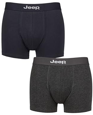 Jeep Mens 2 Pack Plain Fitted Hipster Trunk Cotton Boxer Shorts - Navy/Charcoal Medium
