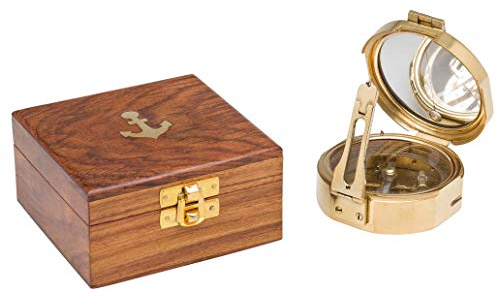aubaho Kompass Maritim Schiff Dekoration Navigation Messing mit Holzbox und Spiegel