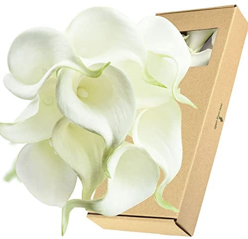 FiveSeasonStuff 10 Stems Real Touch Calla Lilies Artificial Flower Bouquet, Perfect Wedding, Bridal, Party, Home Office Décor DIY (White & White Pistil)