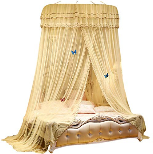 Kaiyei Moskitonetz Universal Himmelbett für Doppel, Einzel, Kinderbetten, Prinzessin Betthimmel Rund mit Klebehaken Schlafzimmer Schmetterling Dekoration Romantisch Palast Beige Gelb 180cm×200cm