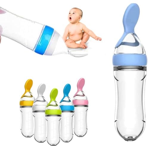 Baby Squeeze Silicone Feeding Bottle with Spoon for Small Mouth | Mummy's World Child Food Feeder (Blue)